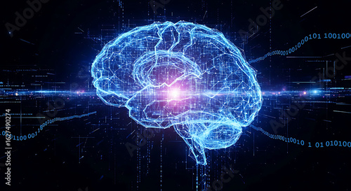 Digital representation of a human brain with glowing core, surrounded by binary code and abstract data streams.