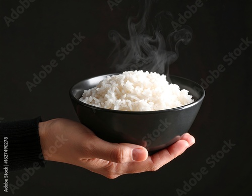 A hand holds a dark bowl of steaming white rice against a black background