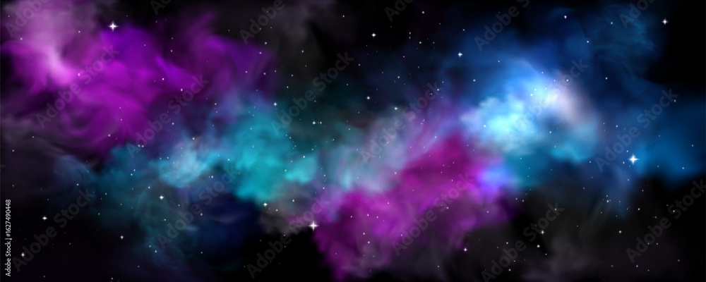 Naklejka premium Cosmic nebula with vibrant purple and blue gas clouds - space background with stars, planet atmosphere and interstellar dust. Galaxy scenery for fiction astronomy wallpapers and universe designs.
