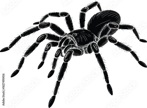 Detailed vector illustration showcases a striking tarantula spider, its intricate design highlighting the arachnid's unique features and creating a captivating, creepy crawly effect.