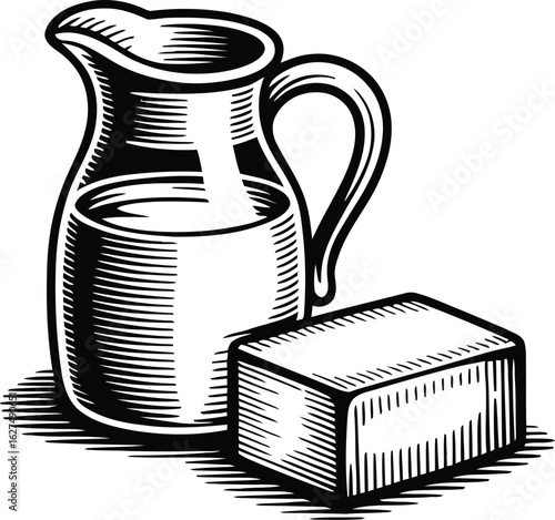 Engraved illustration showcases a milk pitcher filled with creamy milk alongside a block of butter, rendered in a classic, vintage style with detailed line work and shading.