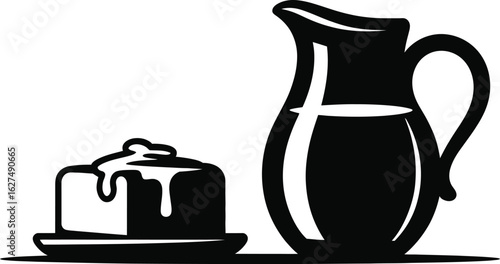 A stylized vector illustration showcases a milk pitcher alongside a slice of cake with dripping icing, rendered in a bold black and white design perfect for culinary themes.