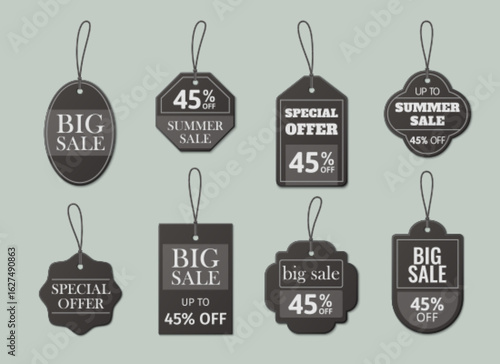 Black retail price tag set with string loops and big sale special offer labels - summer discount promotional badges in various shapes for shop marketing, clearance event or seasonal shopping campaign