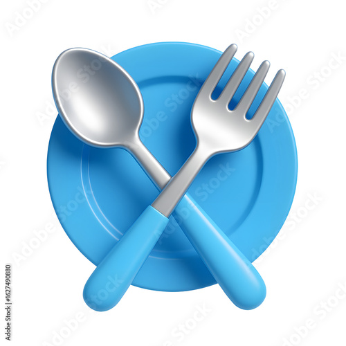 3D fork and spoon icon, blue plate with silver cutlery crossed, isolated on transparent background