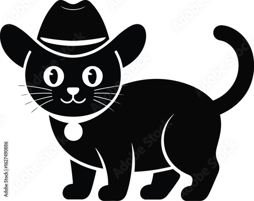 A charming black cat illustration sporting a cowboy hat and collar, perfect for pet lovers and design projects, with a playful and whimsical touch in a simple vector style.