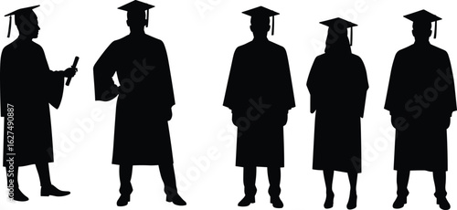 Graduation ceremony silhouettes, academic achievement, students in caps and gowns, celebrating milestones, proud graduates, university commencement, educational success, event