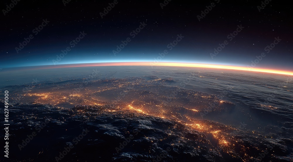 Obraz premium Night view of Earth from space, showing city lights and a sunrise (1)