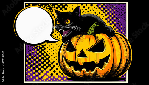 Hissing black cat over jack-o'-lantern, retro pop art vector in purple and yellow colors