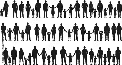 Silhouette of diverse families holding hands, family unity, generations together, family bonding, family diversity, love, connection, illustration, portrait