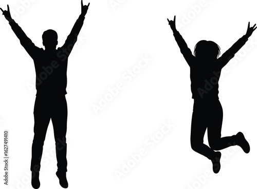 Silhouettes of two people jumping, arms raised, celebrating joy, excitement, freedom, happiness, dynamic movement, energetic mood, expressive emotion, fun