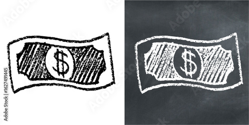 Hand drawn chalk paper money vector for finance, economy, and business with a sketched aesthetic. Great for illustrating education, budgeting, and creative concepts.