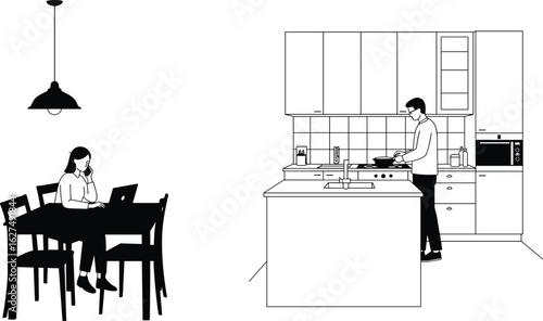 interior, dining area with people, multitasking lifestyle, cooking and working, home design, contemporary setup, stylish furniture, cozy ambiance