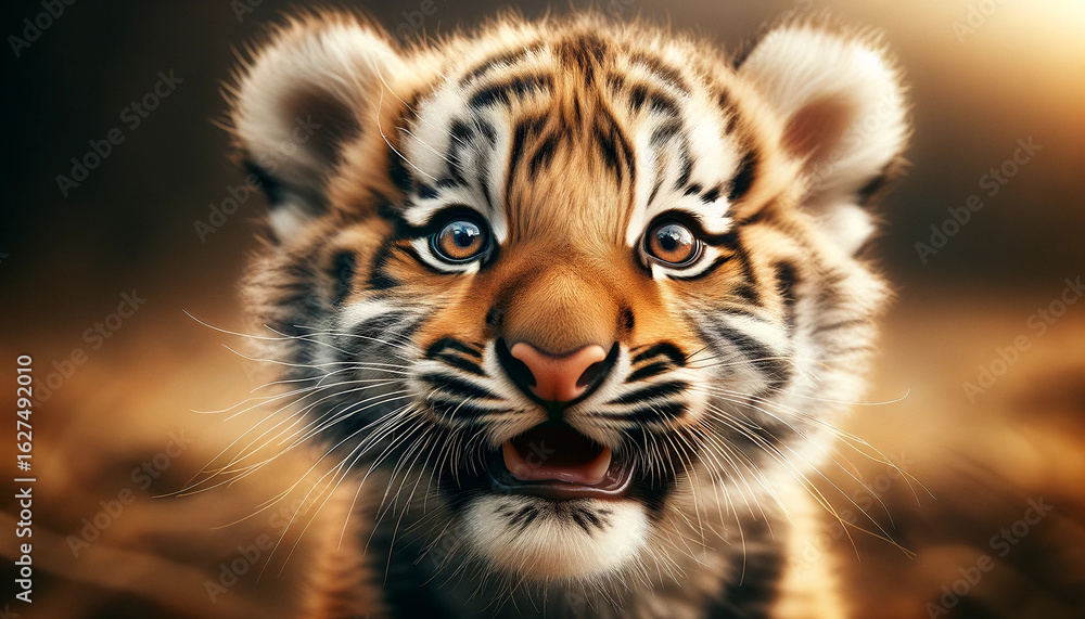 Obraz premium Tiger cub with expressive eyes and fluffy fur lying on a tree stump in warm forest light. Children's books, wildlife branding, educational posters. Cute animal-themed illustrations.