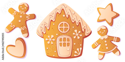 Gingerbread cookie set - festive ginger man and woman characters with icing smiles, house with ornament, star shape and heart. Christmas bakery treats for holiday decoration design.