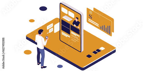 Man interacting with a large smartphone displaying financial data and charts on a desk