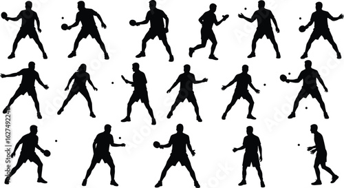 Silhouettes of table tennis players, action poses, dynamic sports movement, ping pong athletes, competition, recreation, sports-themed design, illustration, game