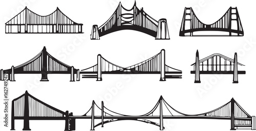 Collection of hand drawn sketch illustrations of famous suspension and cable stayed bridges