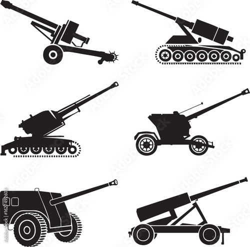 Artillery silhouette set vector illustration isolated on transparent background
