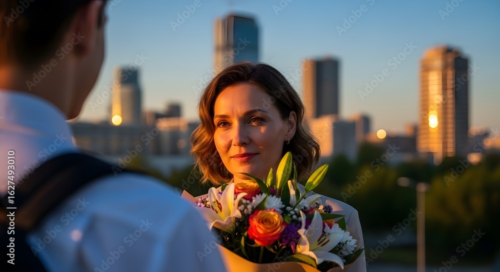 Fototapeta premium Woman receives bouquet from man at golden hour in urban setting featuring skyscrapers and warm lighting