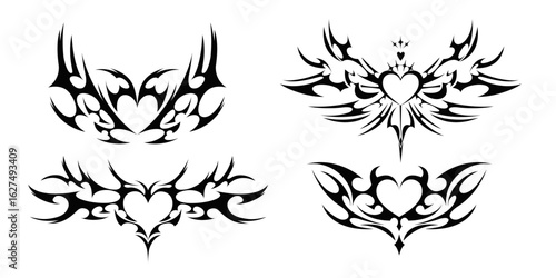 Gothic heart frame designs with tribal wings - black ornamental silhouettes for tattoo art, decorative borders with spiky elements, dark romantic vector graphics for mystical themed projects.