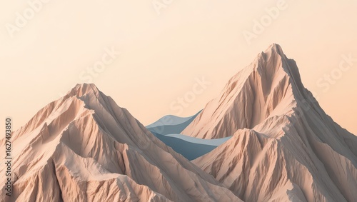 A minimalist rendering of two mountains with a blue river between them under a pastel sky backdrop