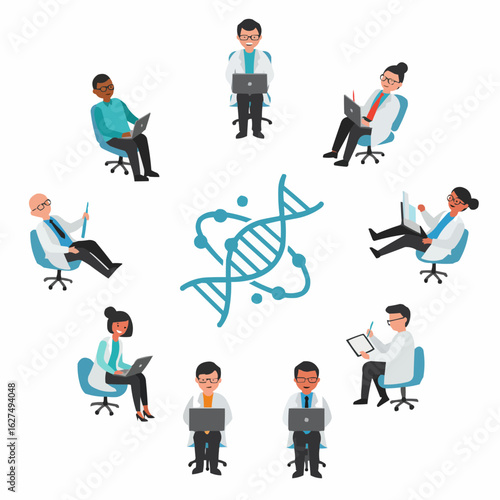 Diverse group of scientists in lab coats, seated around a DNA symbol, working collaboratively on research.