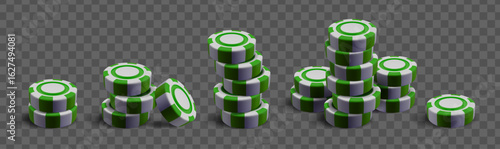 Green white casino chip stacks 3d render - gambling tokens piled different heights, single coins scattered around for poker game betting, online gaming graphics or vegas style entertainment design.