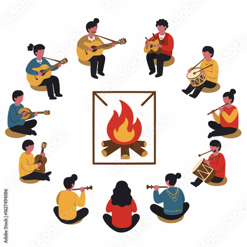 A group of people sit in a circle around a campfire, playing various musical instruments.