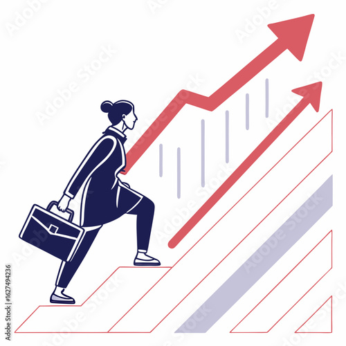 Illustration of a businesswoman climbing stairs with upward arrows isolated on white background, representing career growth