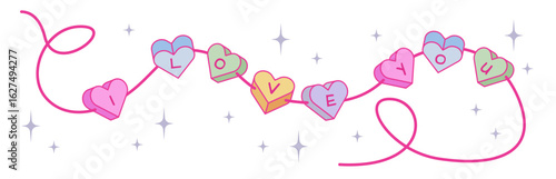 Heart candy Valentine garland with love letter beads and sparkles for romantic decoration or greeting cards. Colorful string of sweets with words for February 14 celebration. Cute festive design.