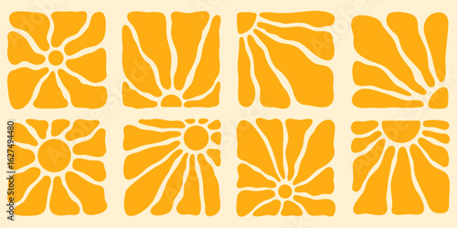 Boho groovy sun patterns with abstract yellow shapes and retro floral designs for vintage backgrounds or decorative wallpaper in bohemian style. Modern artistic elements for creative design work.