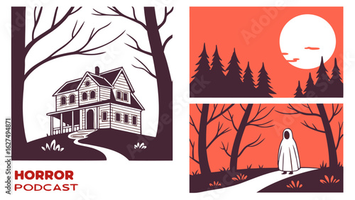 Spooky horror podcast artwork featuring a haunted house ghostly figure and moonlit forest scenes in a retro style