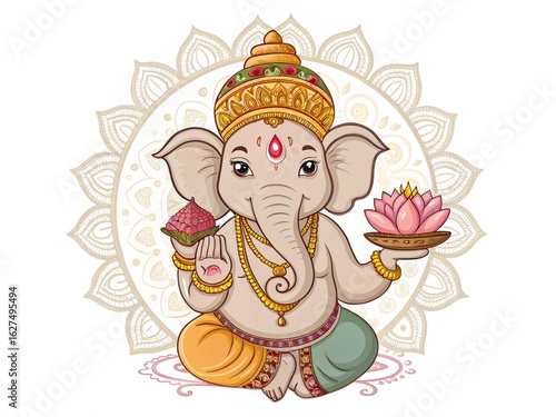 Ganesha Art: Divine Elephant God with Lotus Flower and Mandala Design