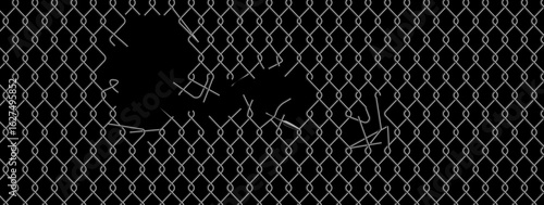 Chain link fence mesh pattern with torn metal texture and broken wire grid for urban industrial background. Damaged security barrier with holes and ripped sections. Black metallic fencing material.