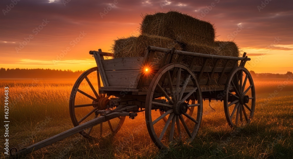 Fototapeta premium Hay wagon loaded with hay bales at sunset in a rural field capturing the essence of farming and harvest