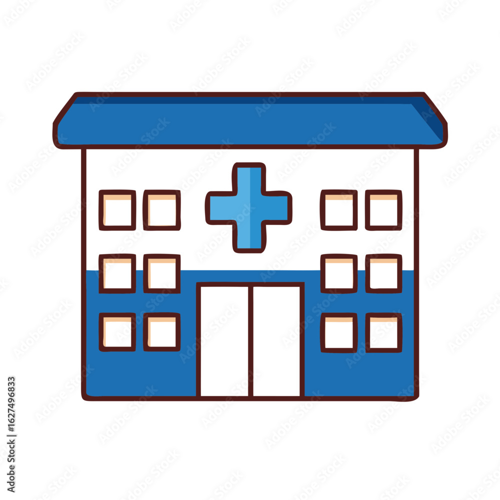 Obraz premium A stylized illustration of a modern hospital, featuring a welcoming entrance and a distinctive blue cross, conveying a sense of healing and healthcare services.