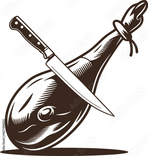 A detailed drawing showcases a cured ham leg pierced by a sharp knife, rendered in a vintage style, perfect for culinary themes and food illustrations with a classic touch.