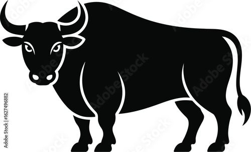 A bold black bull illustration stands powerfully, showcasing its strong build and prominent horns, ideal for logos, branding, and designs related to strength and resilience.