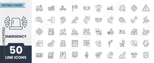 Emergency line editable icon set. Containing evacuation, emergency call, ambulance, help, hospital, emergency hotline and more. Editable stroke. Vector illustration