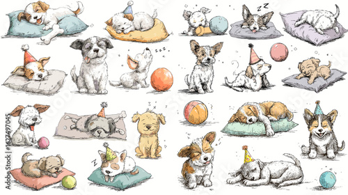 Adorable puppies sleeping, playing with balls, and wearing party hats, hand-drawn in a soft and joyful watercolor cartoon style.

