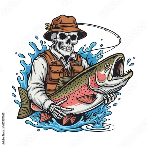 skeleton fisherman trout fish fishing illustration logo vector image t shirt