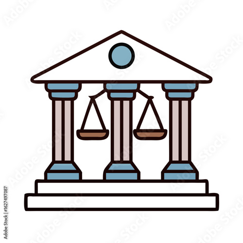 An illustration of justice and law, a digital representation of a classical courthouse featuring balanced scales and architectural columns.