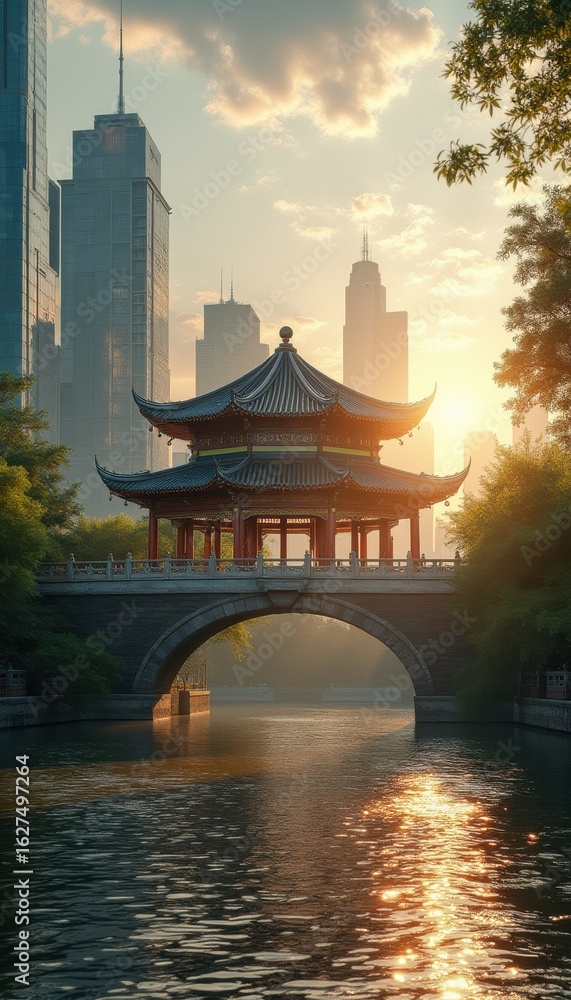 Obraz premium Pagoda-style building on bridge at sunrise in urban skyline