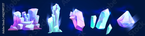 Crystal stone set for game design - glowing gemstone clusters with blue and purple facets. Magical mineral formations and fantasy shiny rock shards for treasure loot or cave environment assets.