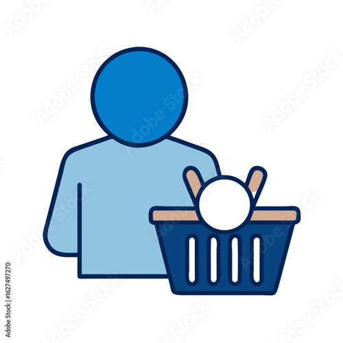 A shopping cart carrying a baby, with a simplistic illustration to showcase the relationship between consumerism and family, conveying themes of purchase and lifestyle, and a child is the focus.