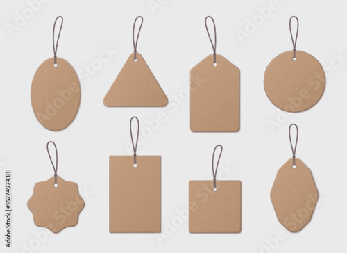 Brown price tag collection with string attachments for discount labels or retail displays. Kraft paper shapes designs with cord loops. Blank vintage tags for sales advertise or product marking.