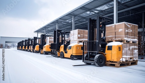 Forklifts loaded with boxes in snow