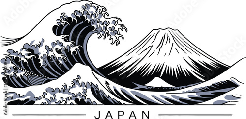 A captivating illustration showcases the iconic Great Wave off Kanagawa with Mount Fuji in the background, embodying Japanese art and culture, perfect for travel and design projects.
