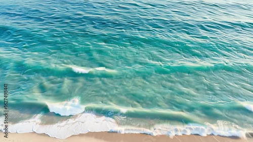 Aerial view of turquoise ocean water and sandy beach with gentle waves, summer day.