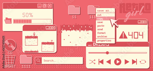 Classic retro pc windows - y2k internet design with loading bars, folder icons and dropdown menus for nostalgic UI. Music player controls with CD disk, search bar and error alerts for vintage layouts.